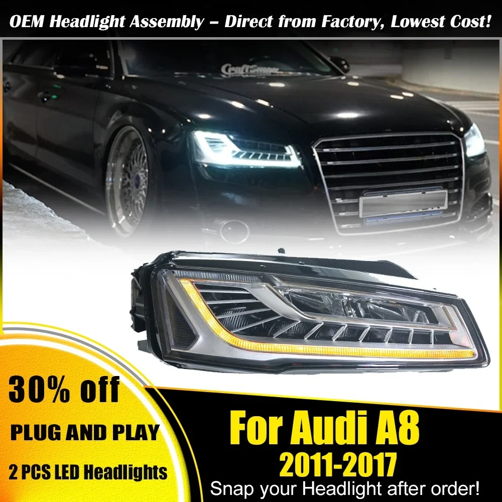 

Автомобильные матричные фары для Audi A8 A8L 2011-17, обновленные модифицированные светодиодные фары, динамические указатели поворота, тормозные DRL, автомобильные аксессуары