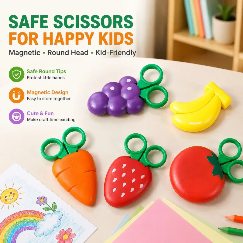 Fruit‑Shaped Kids Scissors with Magnetic Attachment Student Stationery  Plastic  Shears  Kindergarten  Handcraft  Tool