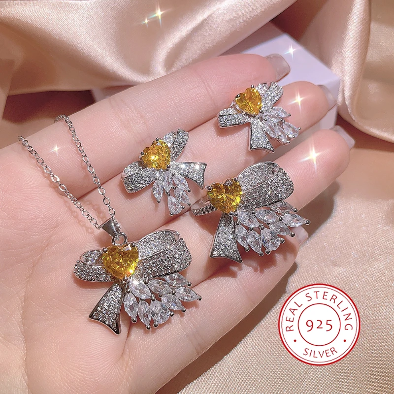 Luxury Women\'s Jewelry Set Yellow Heart Zircon Bow Necklace 925 Sterling Silver Ring Fashion High Class Banquet Party Jewelry