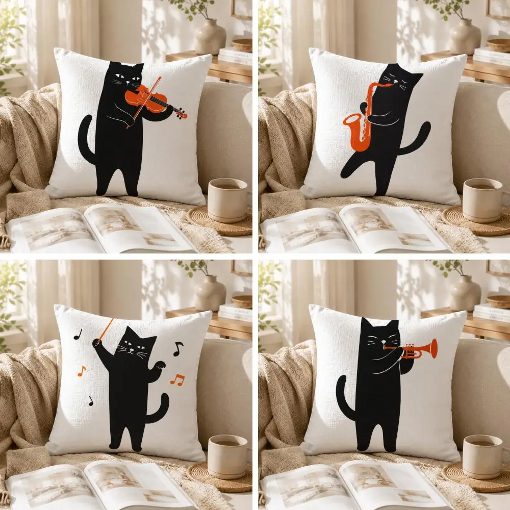 Musical Black Cats Cushion Cover Summer Coolness Linen Organic Fabric Sofa Pillow Case Double-Sided Printing Home Decor