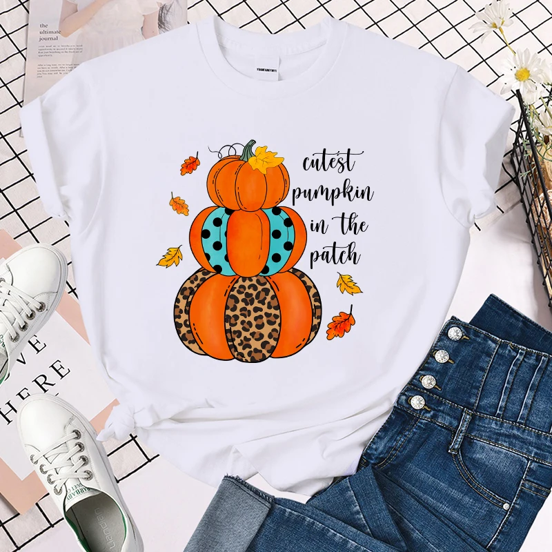 (Premium T-shirt)Fall Cutest Pumpkin In The Patch Print Summer Casual T-Shirts For Women Creative O Neck Short-Sleeved T-Shirts