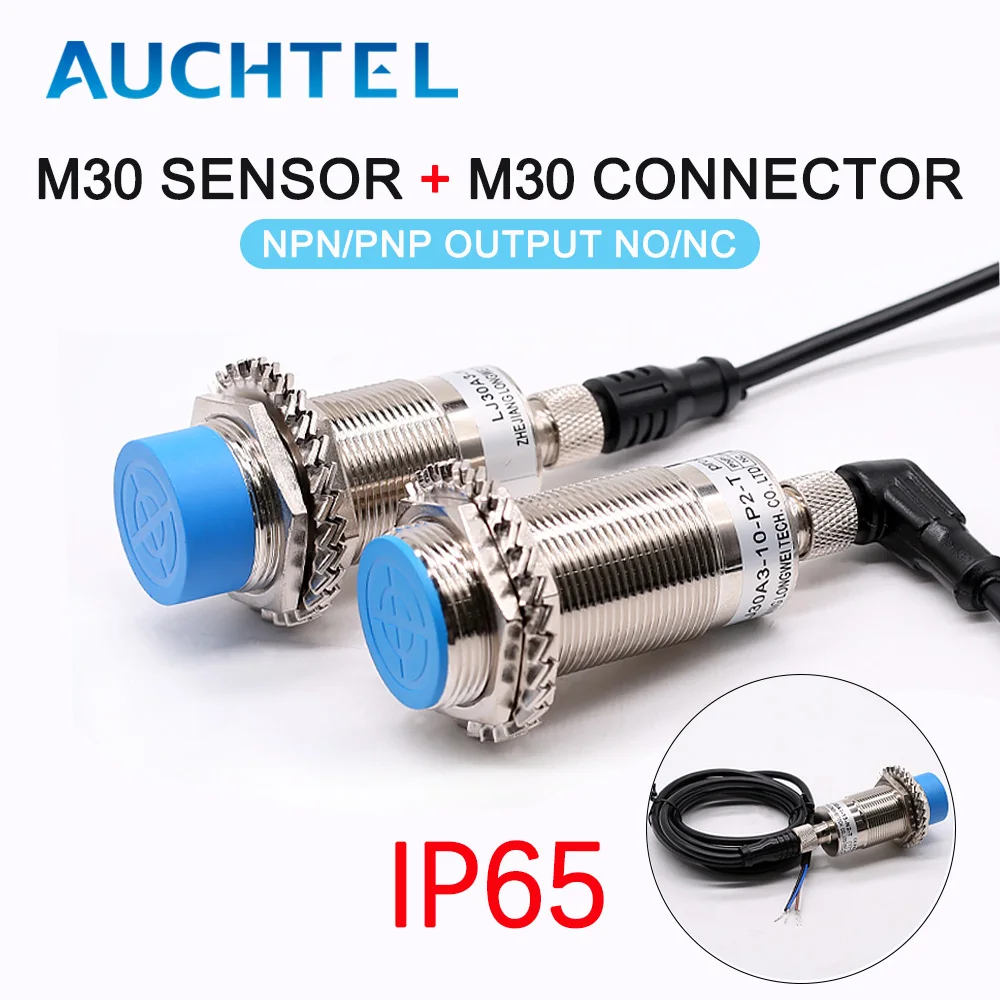 

Датчики индуктивного приближения AUCHTEL IP65 M30, 4-контактный соединительный кабель, NPN PNP, DC10-30В, цилиндрический металлический датчик приближения