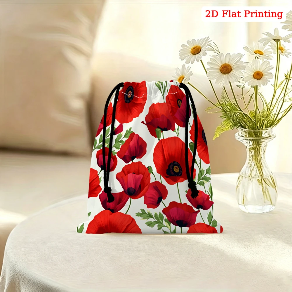 1pc Floral Drawstring Bag Red Poppy Print Storage Small Pouch For Travel Cosmetics Glasses Organizer Portable Gift For Women