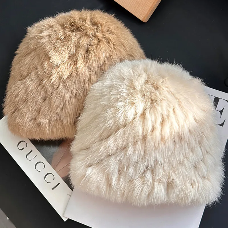 

Rabbit Fur Hat For Women Winter Thickened Warmth Cold-Proof Caps Knitted Ear Protection Plush Fisherman Hat Fluffy Rea Fur Hat