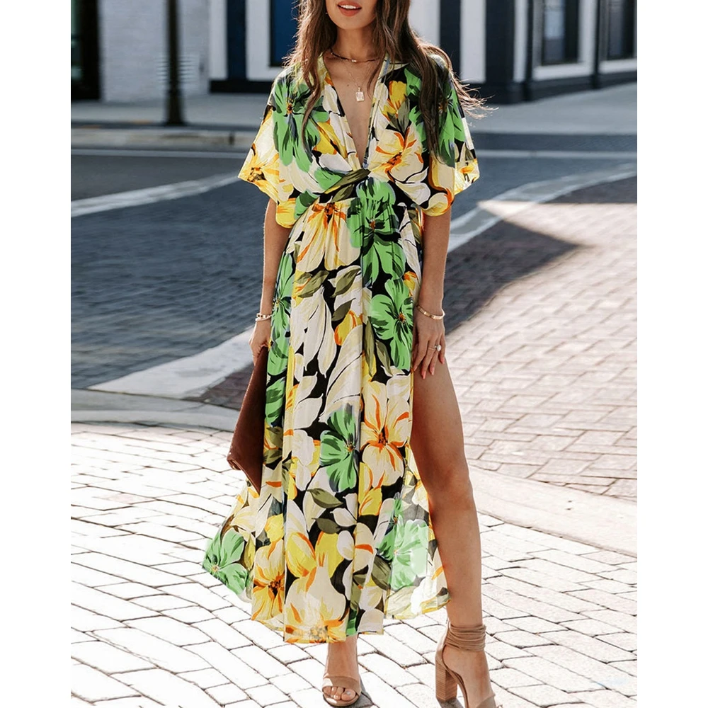 

Women Floral Print High Slit Maxi Dress Fashion Plunge Dress Femme Elegant Beach Casual 2024 Traf Bohemian Dress Summer Outfits