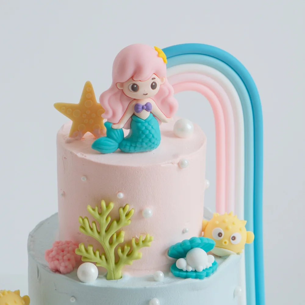 Mermaid Design Cake Topper Rainbow Tail Shell Castle Starfish Fits Girl Themed Birthday Baby Party Cake Desktop Ornament Layout view 4