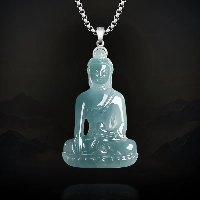 Natural A-grade Jadeite Blue Water Buddha Amulet Southeast Asian Thailand Buddha Statue Jade Pendant Men's and Women's Accessori
