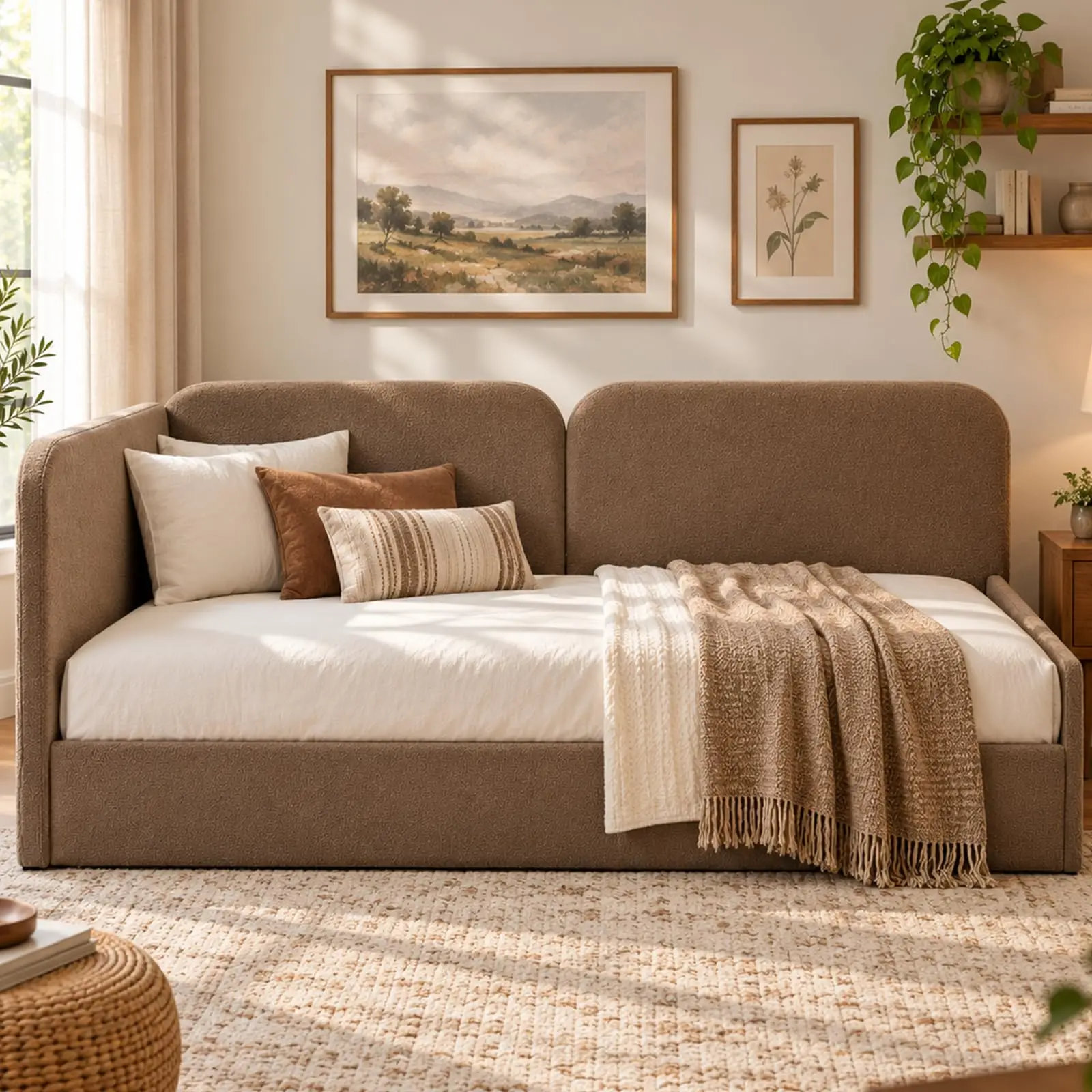 Twin Size Lift-Up Storage Daybed, Reversible Corner, Boucle Brown