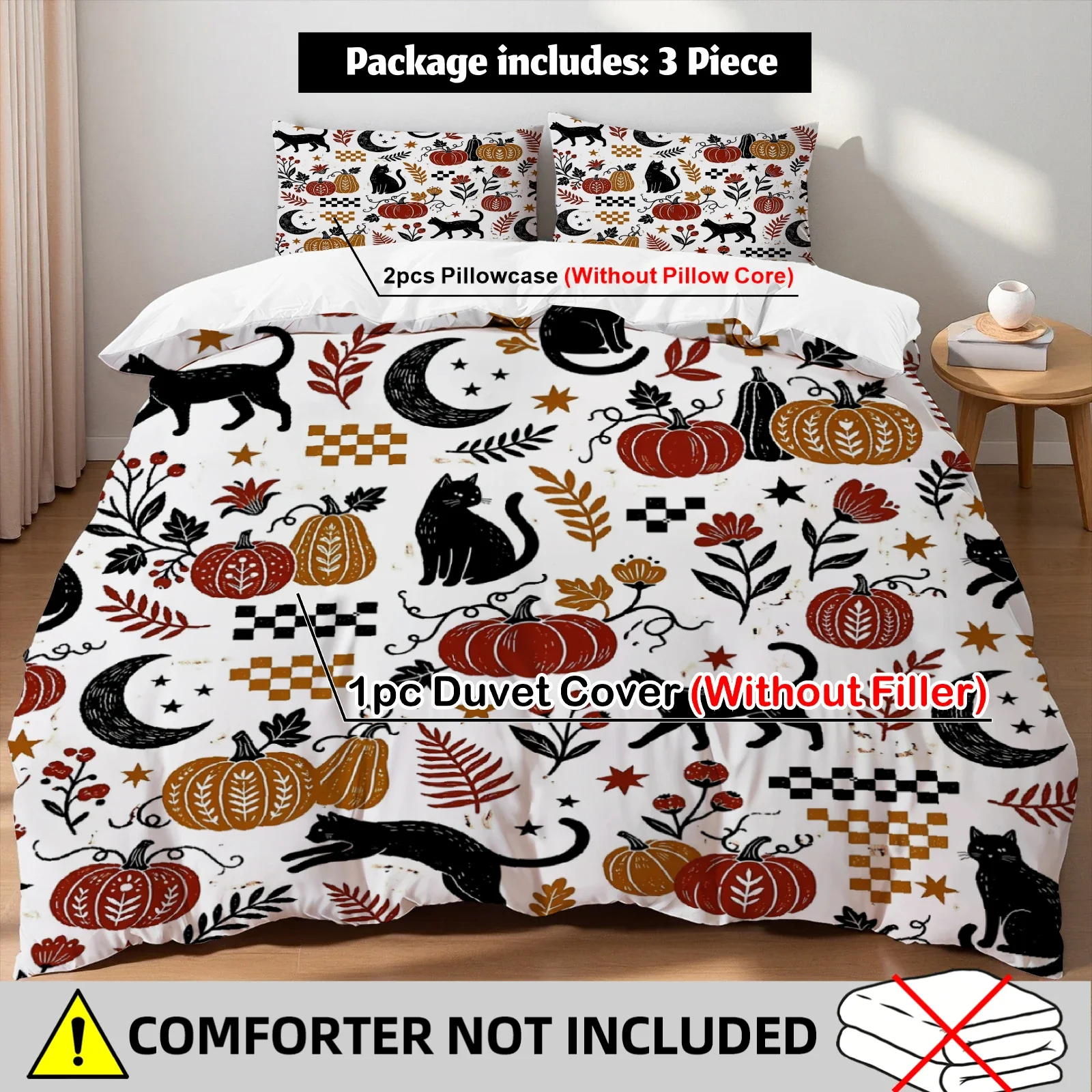 3Pc Bedding Set Vintage Black Cat Pumpkin Moon Star Print Soft Microfiber 1Duvet Cover+2Pillowcases Home Decoration No Comforter