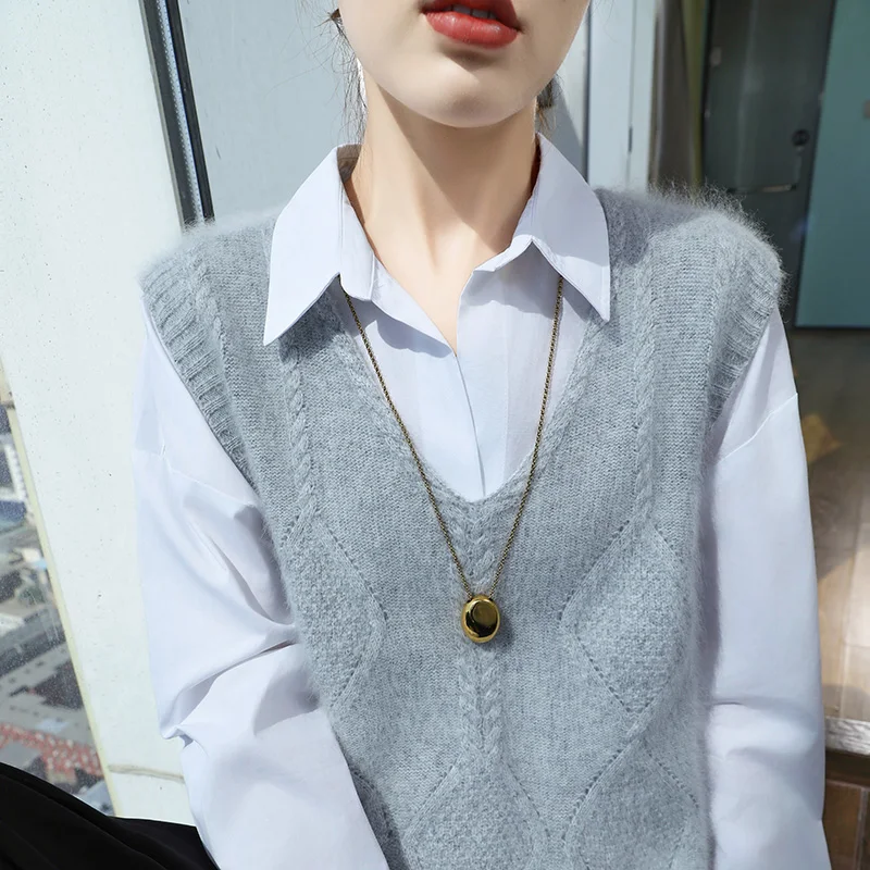 

Осенне-зимний свитер с v-образным вырезом из 100% мериносовой шерсти и жилетом в академическом стиле, пуловер, трикотаж без рукавов, женская одежда, топы