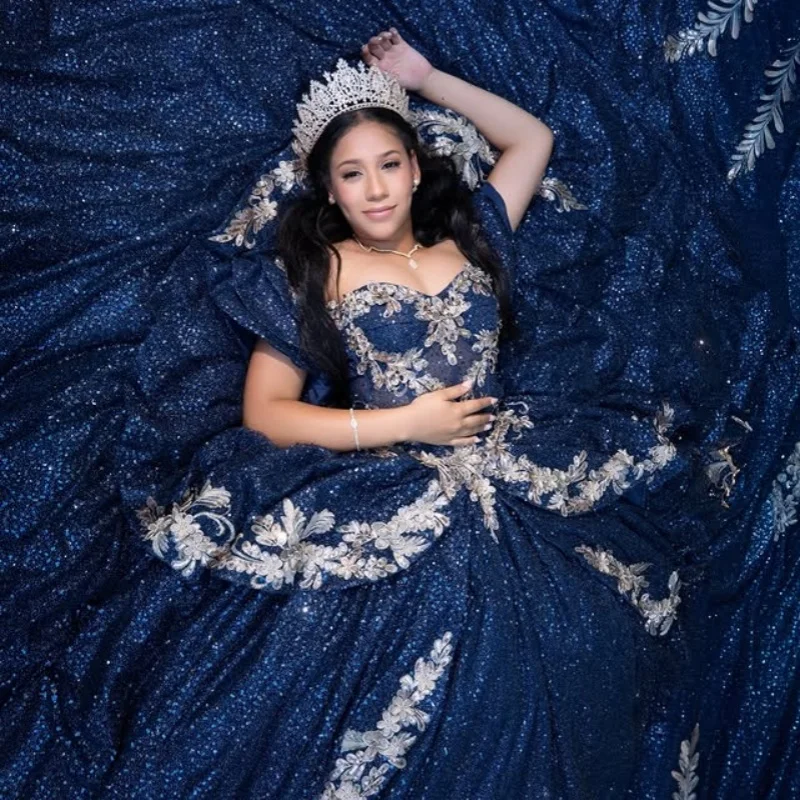 

Shiny Dark Blue Quinceanera Dresses off-shoulder Decal Crystal Flower Layering Long tail Vestido De 15 Quinceanera Customize