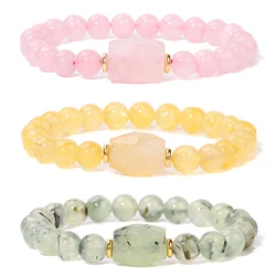 Healing Square Stone Charm Bracelet Pink Quartzs Citrines Beaded Stretch Bracelet Healing Reiki Natural Stone Bangles For Women