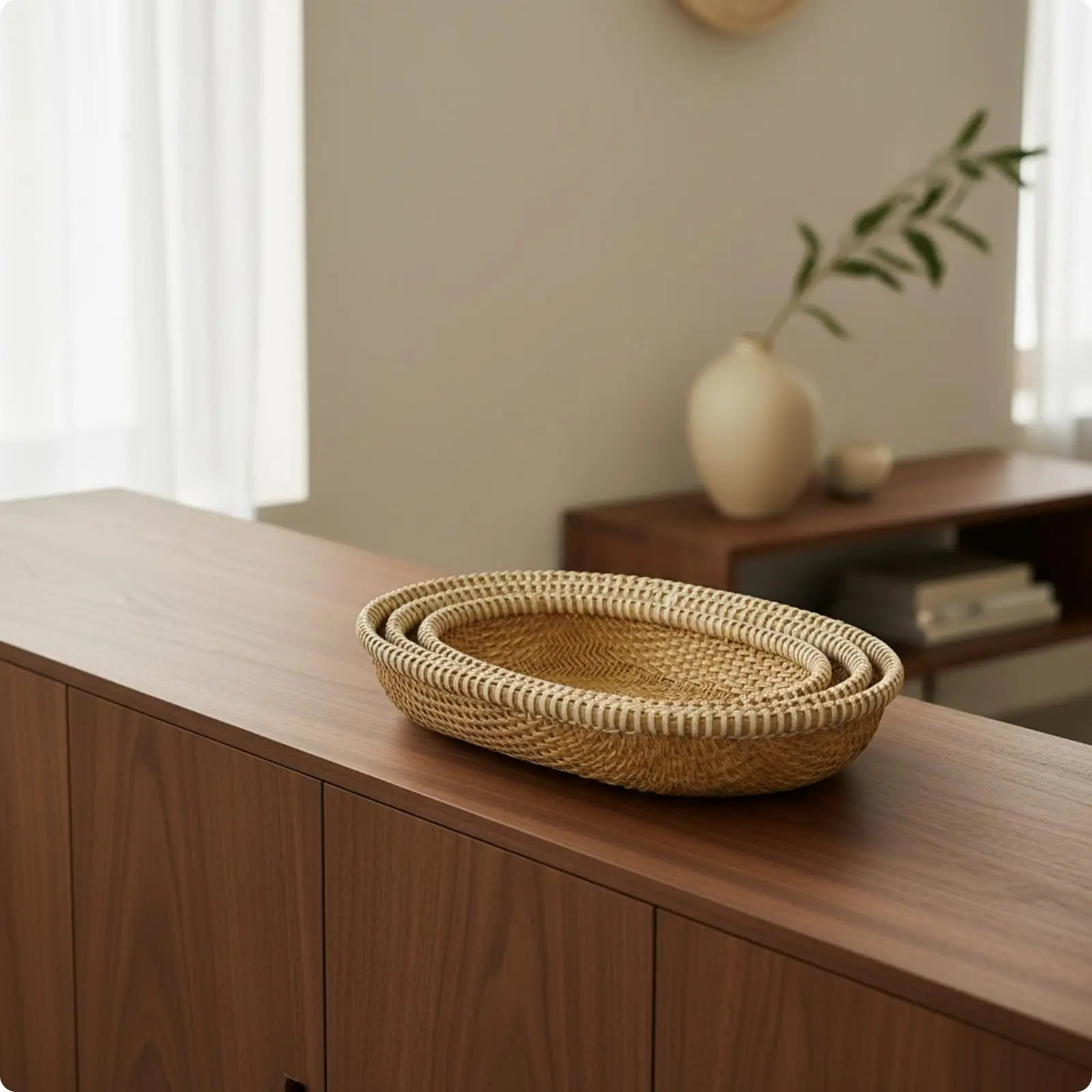 3 Pieces Oval Woven Bamboo Basket Breathable Shallow Woven Basket with Braided Rim Shallow Versatile for Fruit Serving
