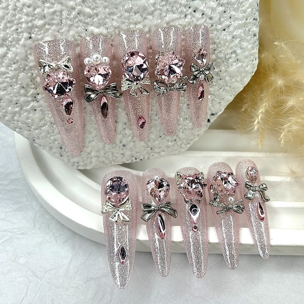 Luxury Pink Cat Eye Glitter Stiletto Handmade Press On Nails Sweet Cool 3D Diamond Pearl Long Tip Nail Art Removable Fake Nails - view 4