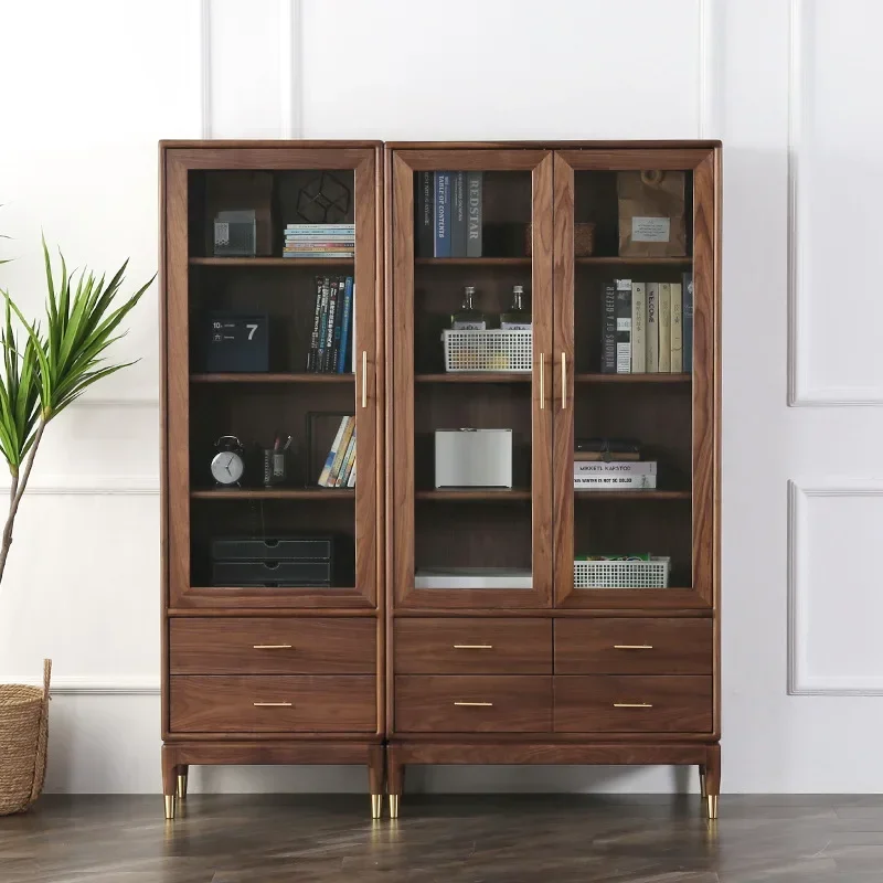 Nordic black walnut bookcase, simple modern glass door, white oak shelf storage 2