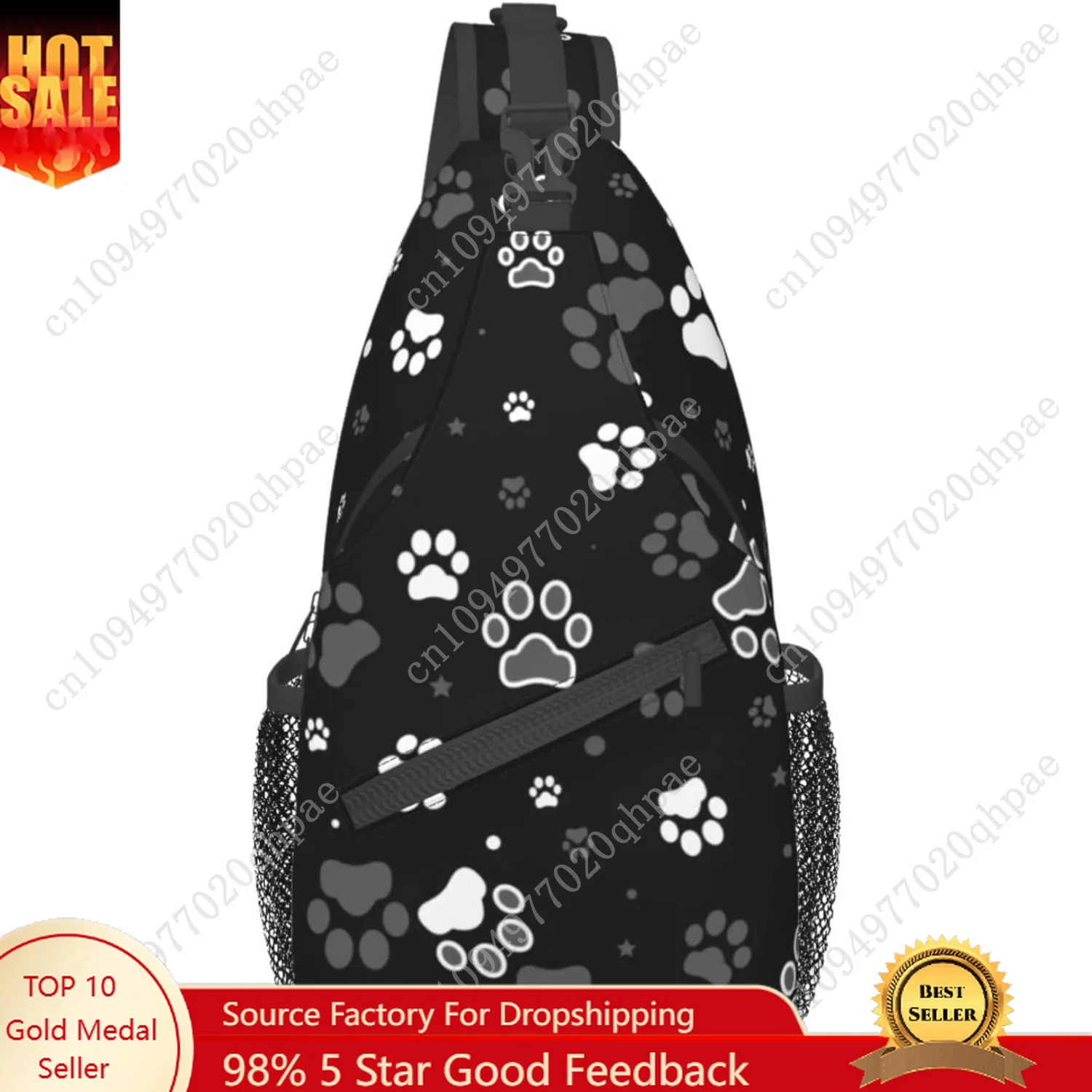 

Paw Print Sling Bag Crossbody Backpack,Dog Paw Print and Star on Black Background Chest Bag Adjustable Casual Shoulder Backpack