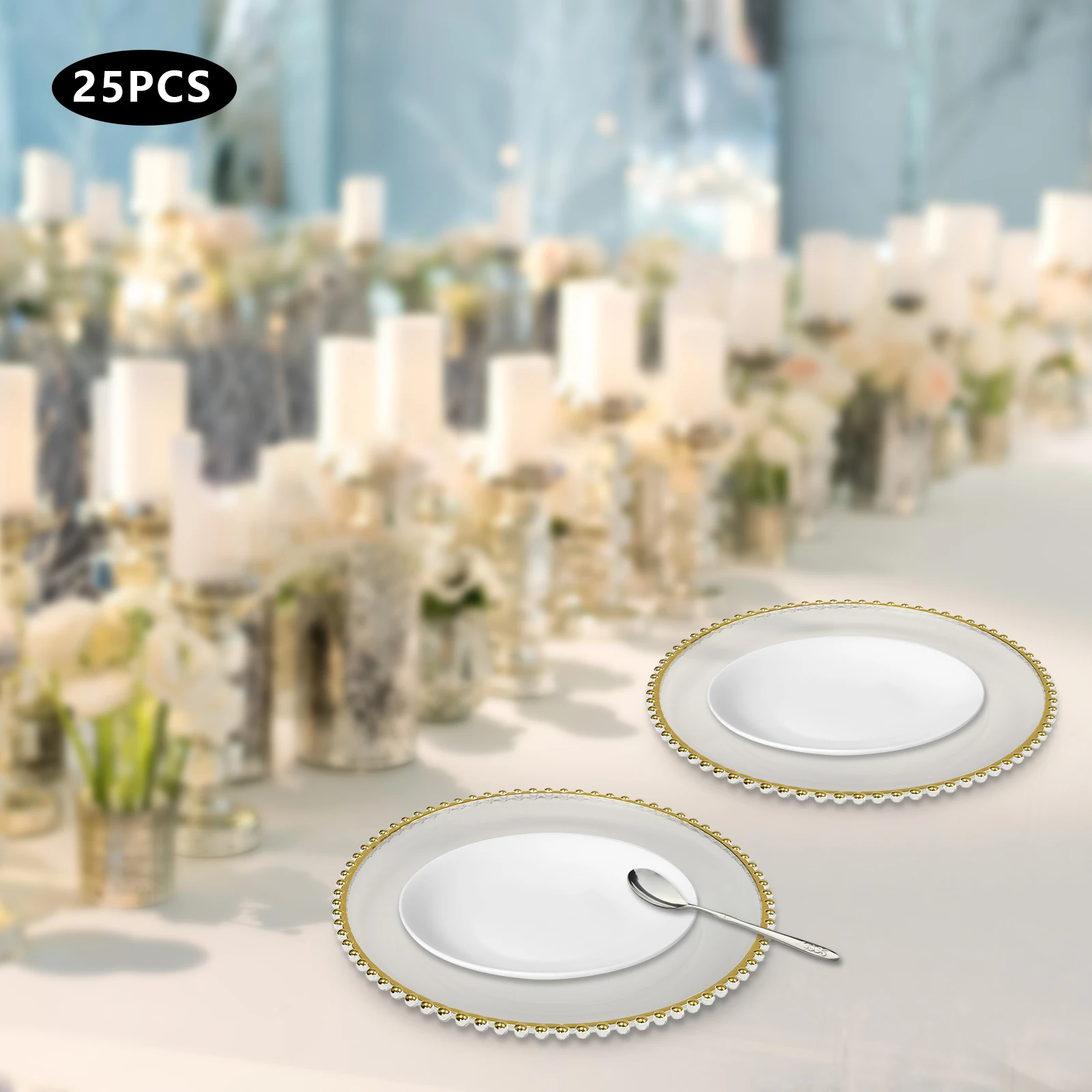25 Pcs Clear Charger Plates Bulk, Round Plastic Serving Chargers Plate With Beaded Rim Design For Wedding Dinner Holiday Party