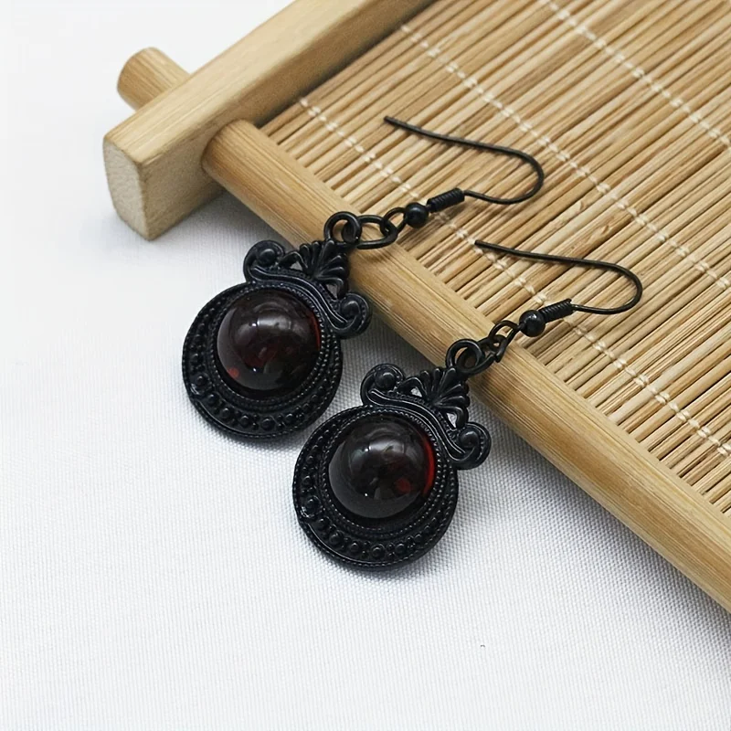 Vampire Blood Red Round synthetic gems Decor Black Dangle Earrings Retro Goth Style Alloy Jewelry Creative Female Gift Daily Cas