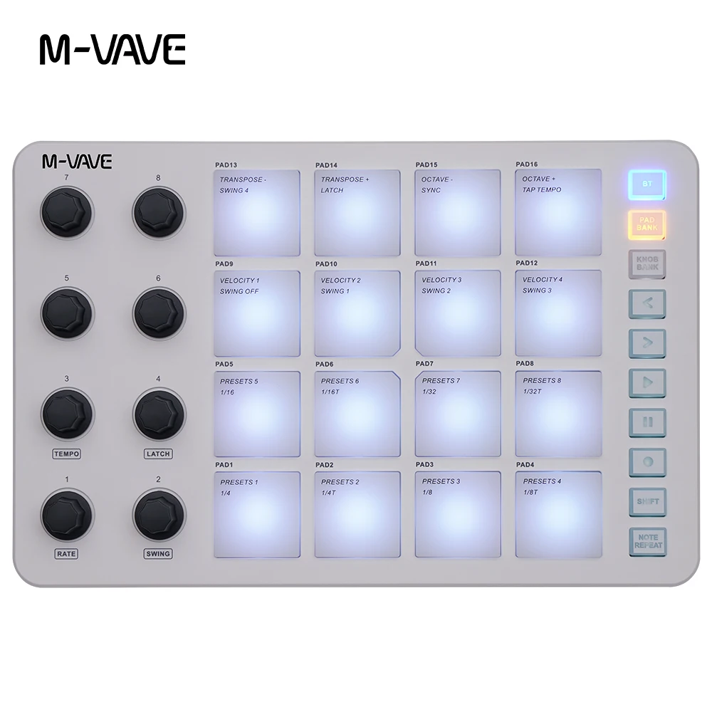 M-VAVE SMC-PAD คอนโทรลเลอร์ MIDI แบบสไตรค์แพด ไฟ RGB คีย์บอร์ด MIDI เชื่อมต่อผ่านบลูทูธ ความหน่วงต่ำ ช่องต่อสัญญาณออก 3.5 มม. MIDI Pad