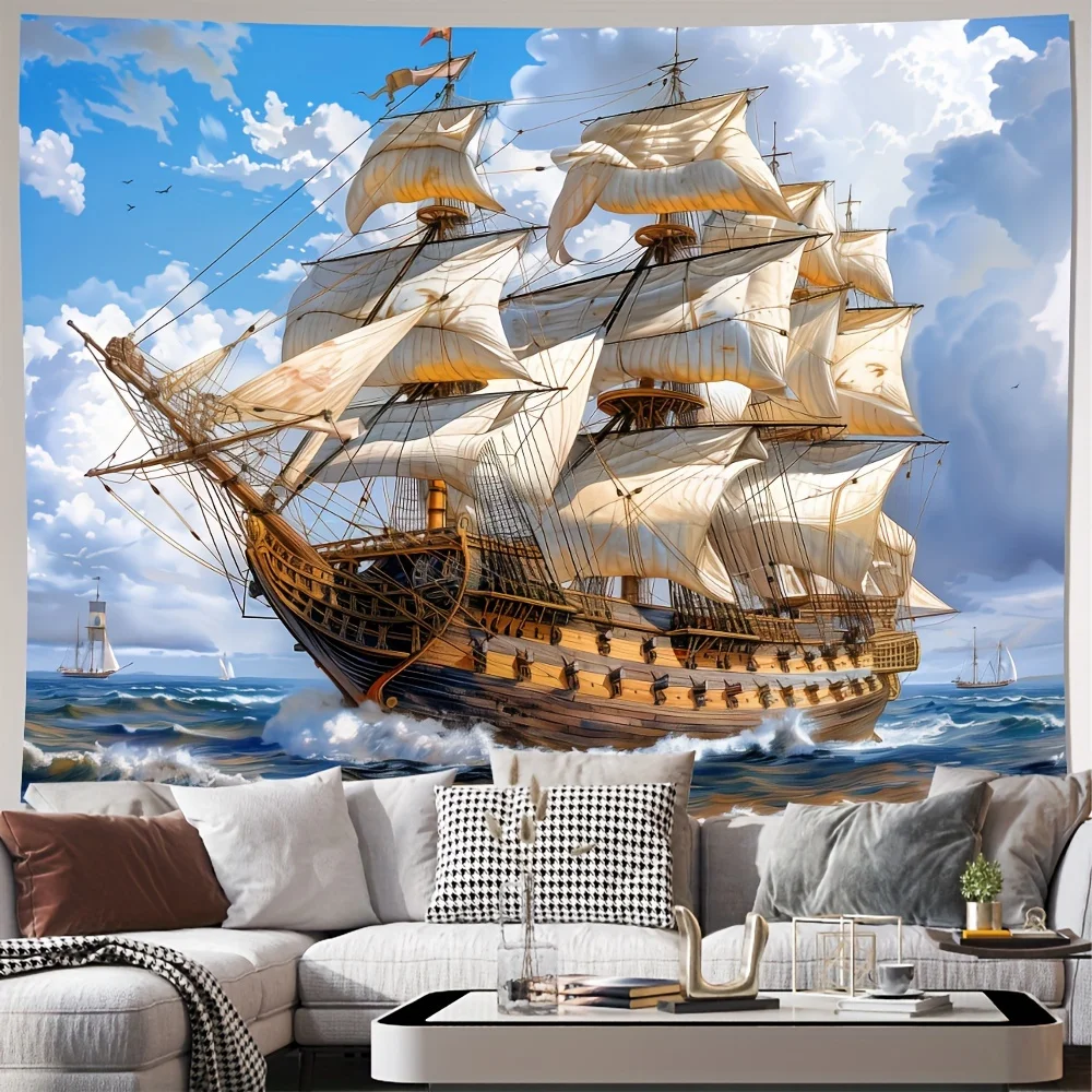 Massive Sailing Ship Tapestry Wall Hanging Nautical Ocean Decor Print Galleon Artwork Pirate Adventure Room Decor for Home