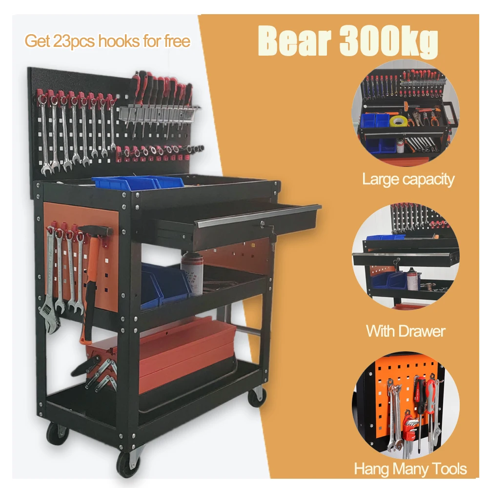Tool Trolley with Pegboard Heavy Duty 3-layer Rolling Storage Tool Cabinet for Workshop Garage Rolling Hardware Cart 트롤리
