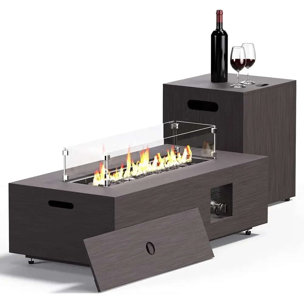 42 Outdoor Propane Fire Pit with Wind Guard, Glass, Lid, Rocks, and Cover for Patio or Deck
