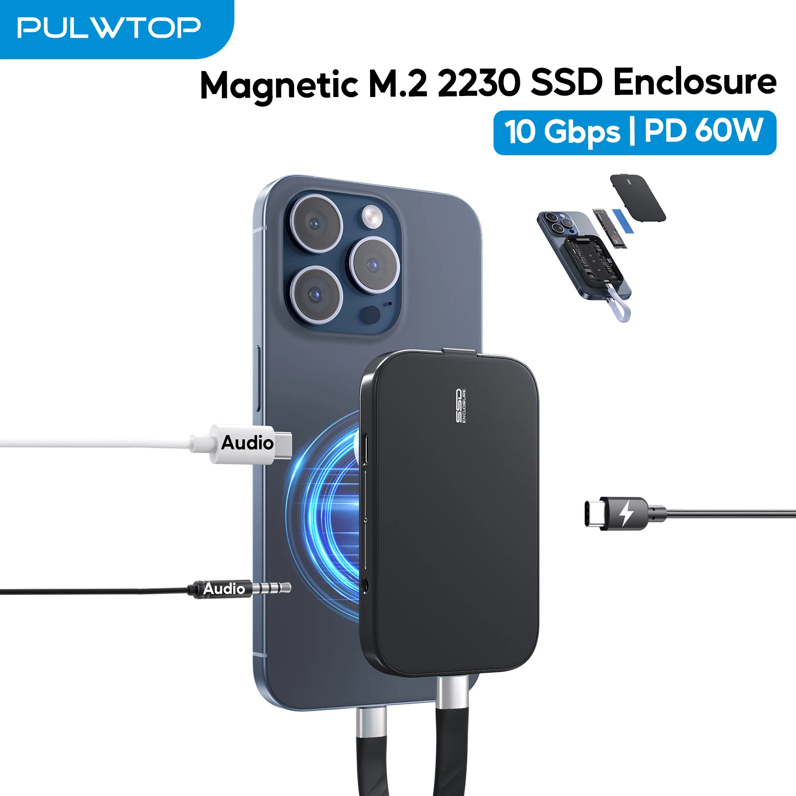 

Магнитный твердотельный корпус PULWTOP M.2 2230 для iPhone 15 16 Pro/Max ProRes, корпус USB C 10 Гбит/с, PD 60 Вт, аудио USB-C/3,5 мм