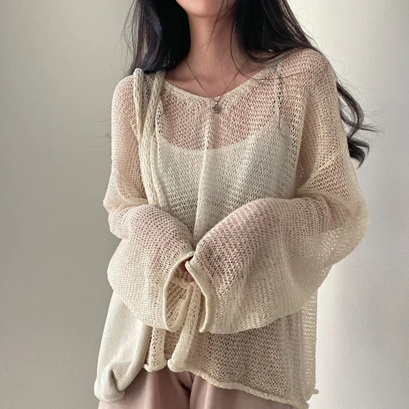 Vintage Korean Version Thin Hollow Long Sleeve Knitted Pullovers Women Spring Summer Design Niche Tops Loose Sexy Blouse