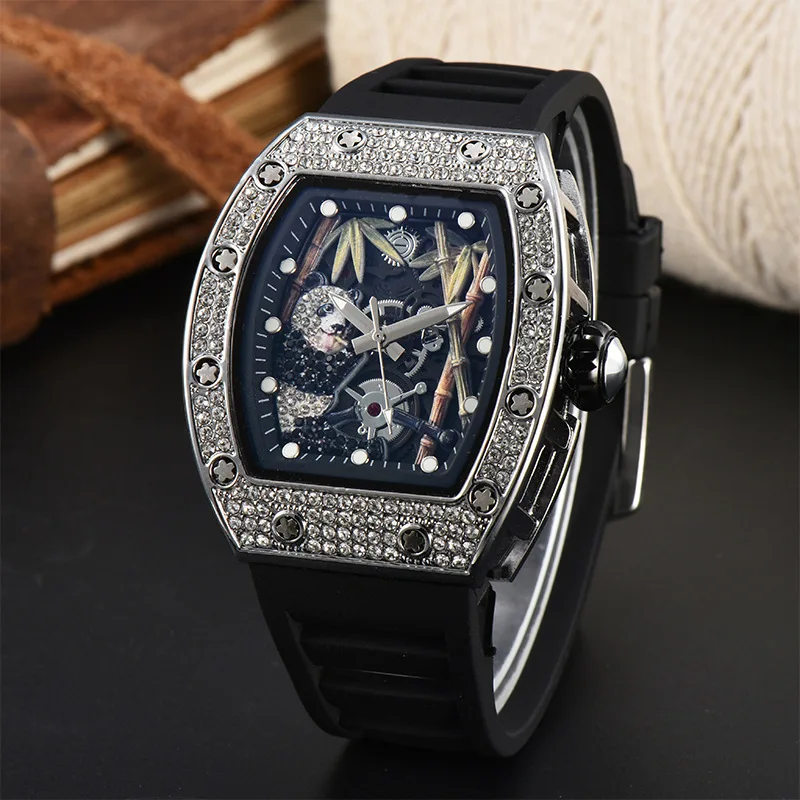 New Richard Rose Gold Diamond Panda Eating Bamboo Luxury Noble European luminous Waterproof Calendar Quartz Watch Wholesale