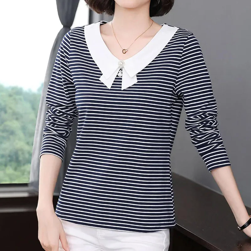 Casual Fashion Solid Striped Printing T-shirt Spring Autumn 2022 Long Sleeve Peter Pan Collar V-Neck Loose Tops Ladies Clothing