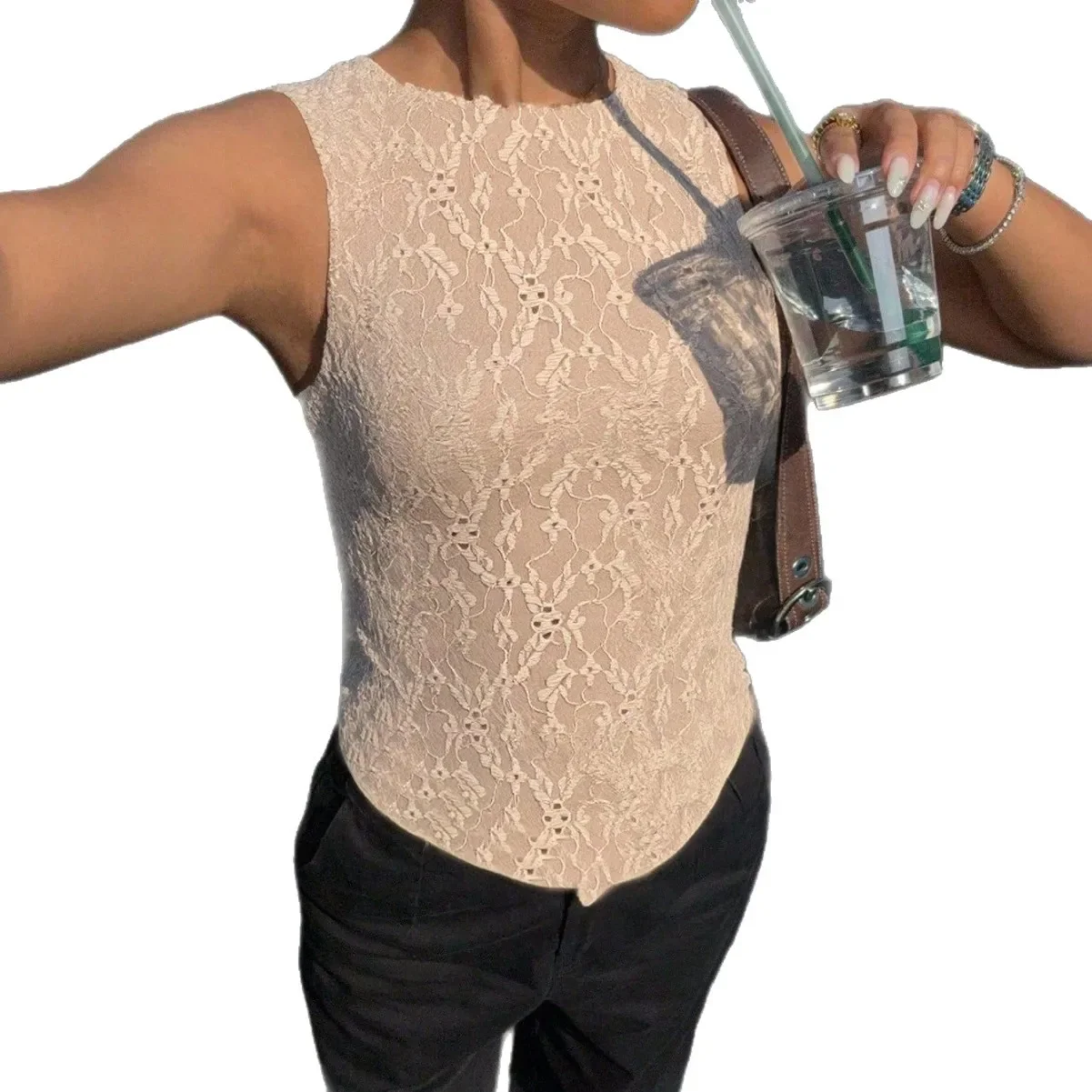 White Lace Sleeveless Tank Top French Vintage Irregular Hem Slim Cropped Top Casual Daily Office Work Relaxed Fit Ladies Vest