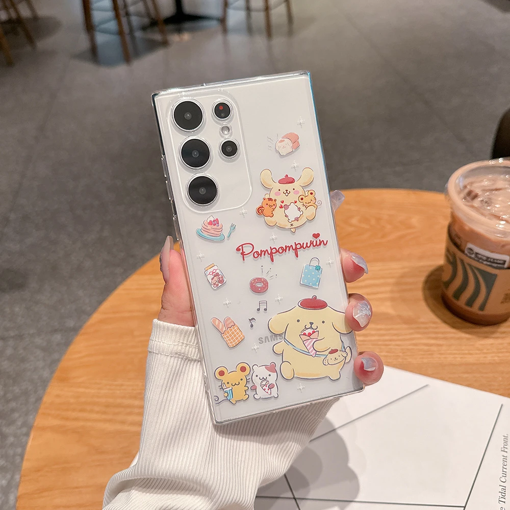 Cute Cartoon Sanrio Kuromi Cinnamoroll Pom Purin Transparent Phone Case For Samsung Galaxy S26 25 24 23 Ultra Puls Soft Cover view 5