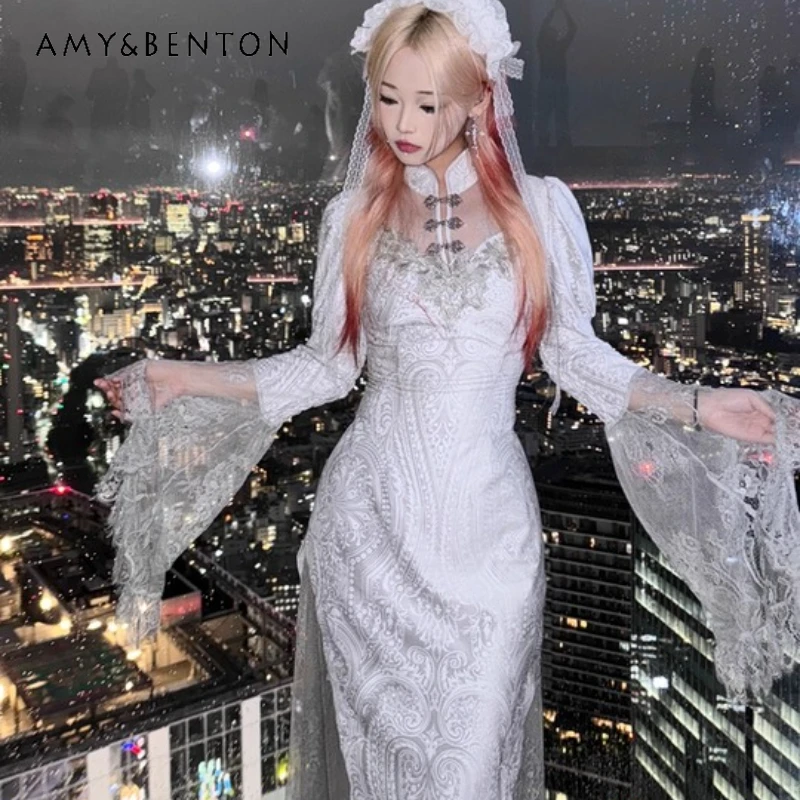 

OriginaDesign Gothic Jacquard Velvet Mermaid Dress Autumn Winter Slimming Elegant Long Flared Sleeve Cheongsam Dresses Ladies