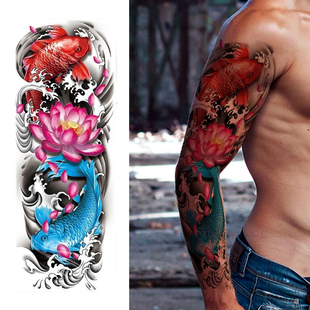 

4PCS Koi Fish Body Tattoo Sticker Full Arm Sleeves Koi Fish Flower Tattoo Sticker Wave Flower Lotus Tatoo Sticker for Men Women