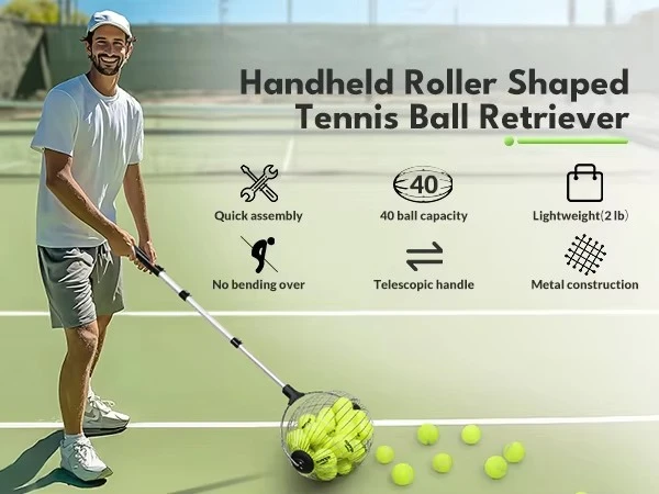 Telescopic Tennis Ball Picker Hopper, Pickleball&Tennis Ball Retriever Machine for 40 Balls, No Bending Quick Rolling Collector