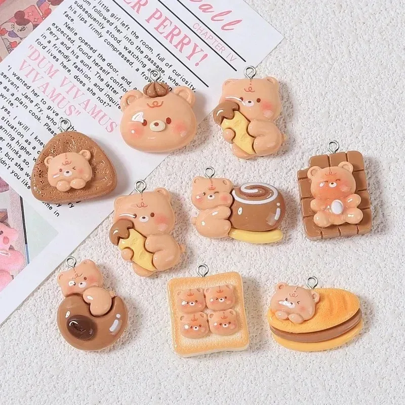 10Pcs Kawaii Bear Toast Coffee Bread Resin Charms Cartoon Food Animal Pendants DIY Handmade Jewelry Accessories