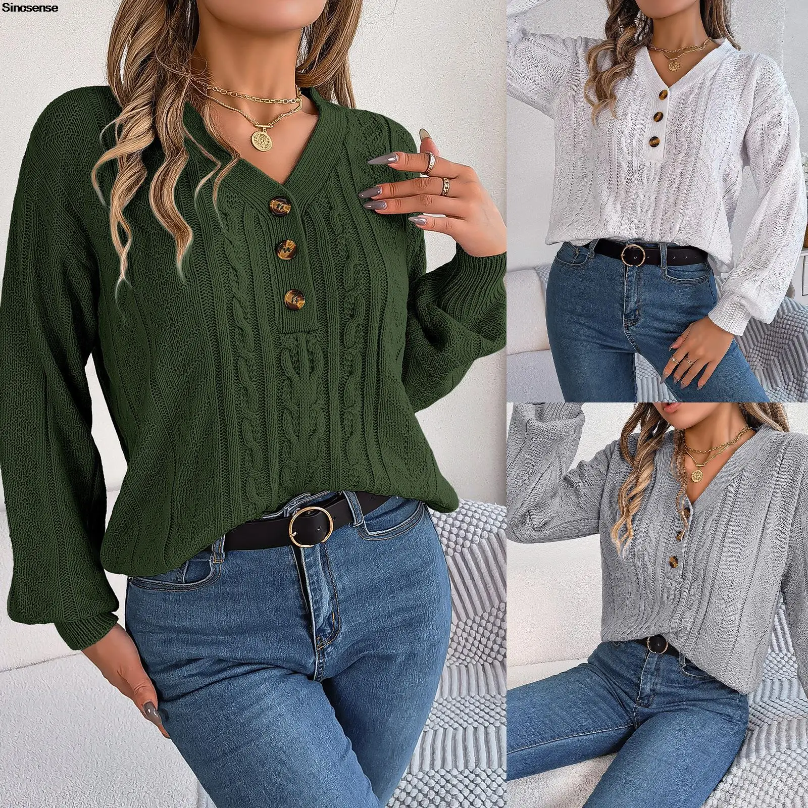 Women's Fall Fashion Autumn Winter Chunky Cable Knit Sweater Sexy V Neck Buttons Long Sleeve Pullover Loose Knitted Jumpers Tops