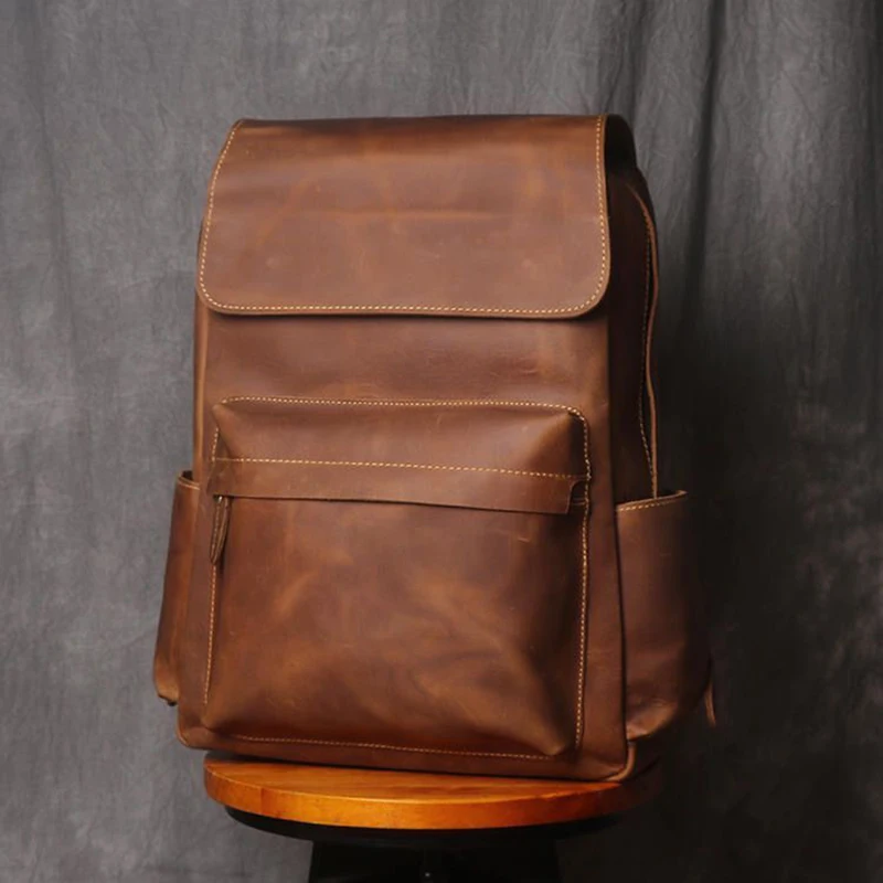 Vintage Leather Men\'s Backpack Large Capacity 15.6 Inch Laptop Bag Crazy Horse Leather Retro Travel College School Backpack