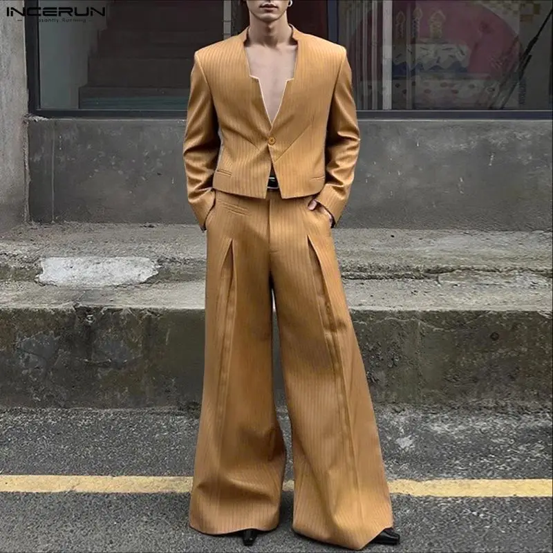 INCERUN الرجال مخطط مجموعات أنيقة الشارع الشهير الخامس الرقبة طويلة الأكمام المحاصيل السترة والسراويل قطعتين مجموعات موضة الدعاوى الرجالية غير رسمية