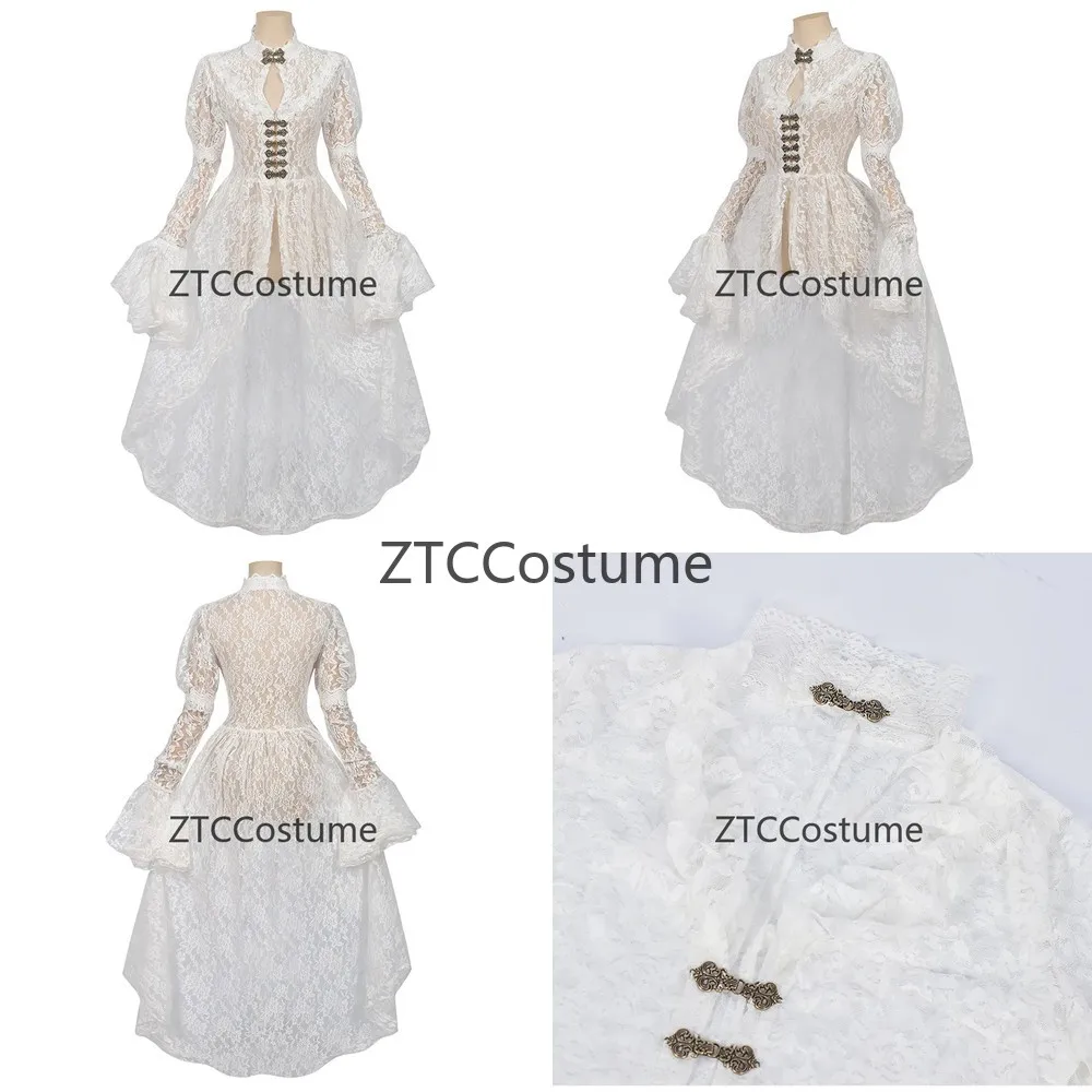 

Medieval Cosplay Dress Vintage Lace Patchwork High Neck Bell Sleeves Performance Party Costume