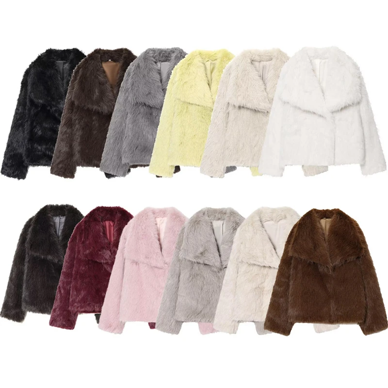 Women Big Lapel Fluffy Faux Fur Cropped Jacket Open Front Long Sleeve Warm Winter Short Plush Coat 12 Colors Available