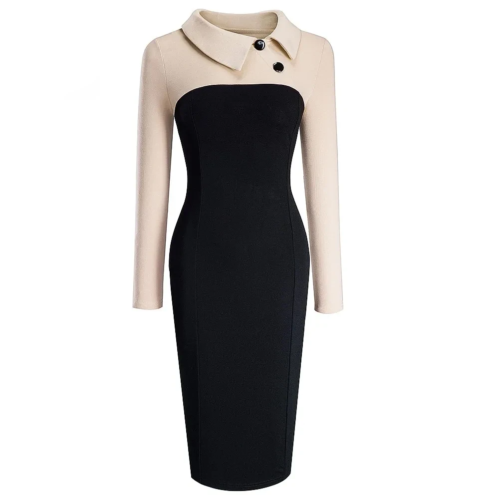 Vintage Women Patchwork Pattern Bodycon Elegant Office Ladies Charming Dress 1EB238