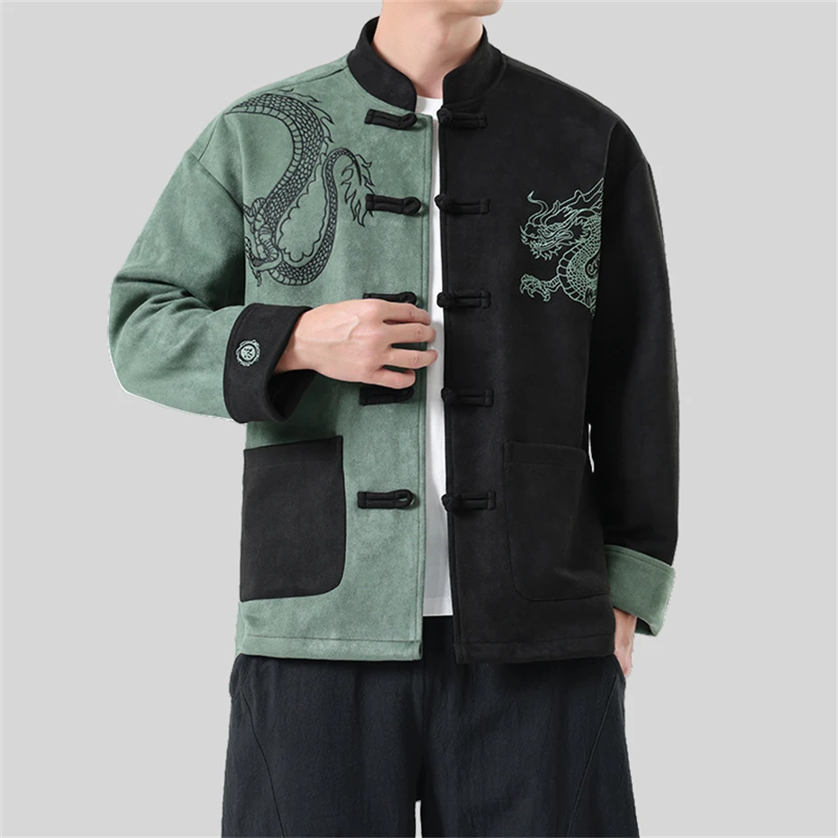 

Plus Size Retro Dragon Embroidery Jacket Men Disc Buckle Loose Casual Jackets Coats Harajuku Patchwork Tang Suit Autumn Winter