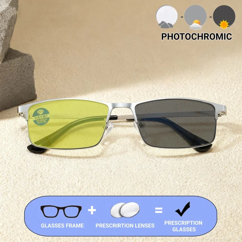 レトロな高精細ハーフフレームフォトクロミックカスタマイズされたブルーライト防止メガネ処方箋付き眼鏡レンズ