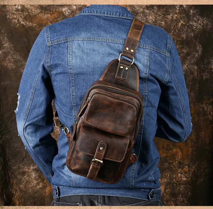 Men\'s Genuine Leather Chest Bag Leather Big Capacity Crossbody Bag Casual Male Riding Messenger iPad Cell Phone Sling Bag