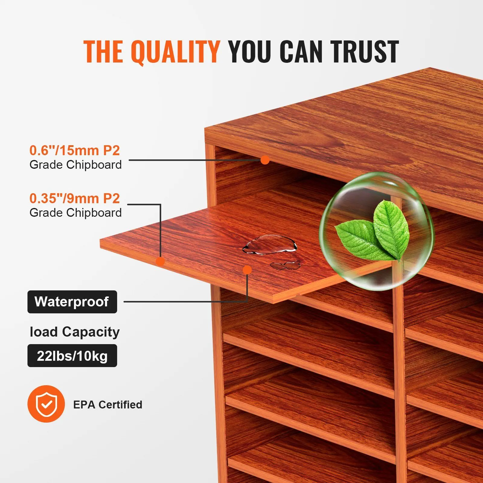 다기능 27포켓 MDF 문서 정리함 9.2x11.1x2.2인치 나무결 파일 정리함 고무발 포함 브라운