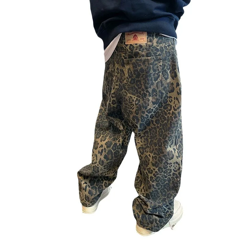 Cargo Pants Men Casual Trousers Loose Leopard Print Jeans Vintage Denim Ankle Length Pants Men Harem Pants Hip Hop Streetwear