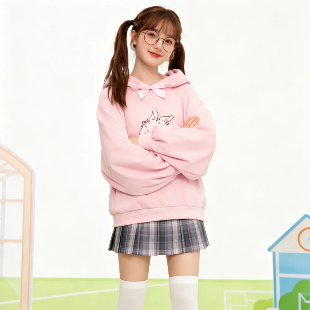 Damska bluza z kapturem na wiosnę 2026, z koronkowym dekoltem, urocza, w stylu Harajuku Kawaii, lolita, różowa, z haftem jagnięciny i cukierków, sudadera. — zdjęcie 3