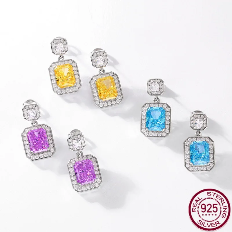 

New S925 pure silver ice flower cut high carbon diamond square sugar gemstone earrings fashionable and simple wedding jewelry