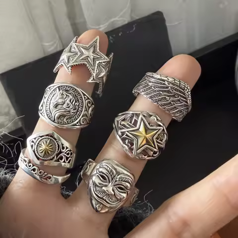 925 Sterling Silver Rings For Women Geometric Fine Jewelry Finger Adjustable Wide Horse Star Ring For Party Birthday Gift